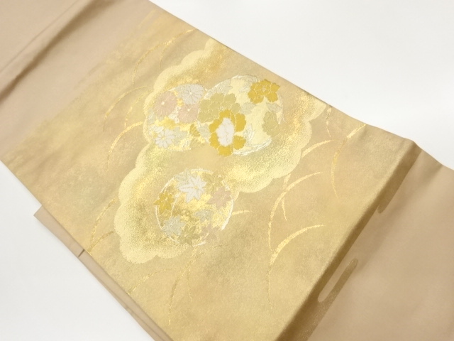 引箔花丸文に雲取り・芝模様織出し名古屋帯